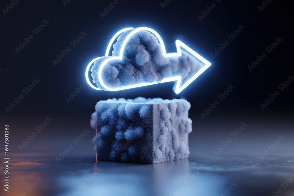 Poster glowing cloud icon with arrow over fluffy block, representing digital data movement and cloud techno