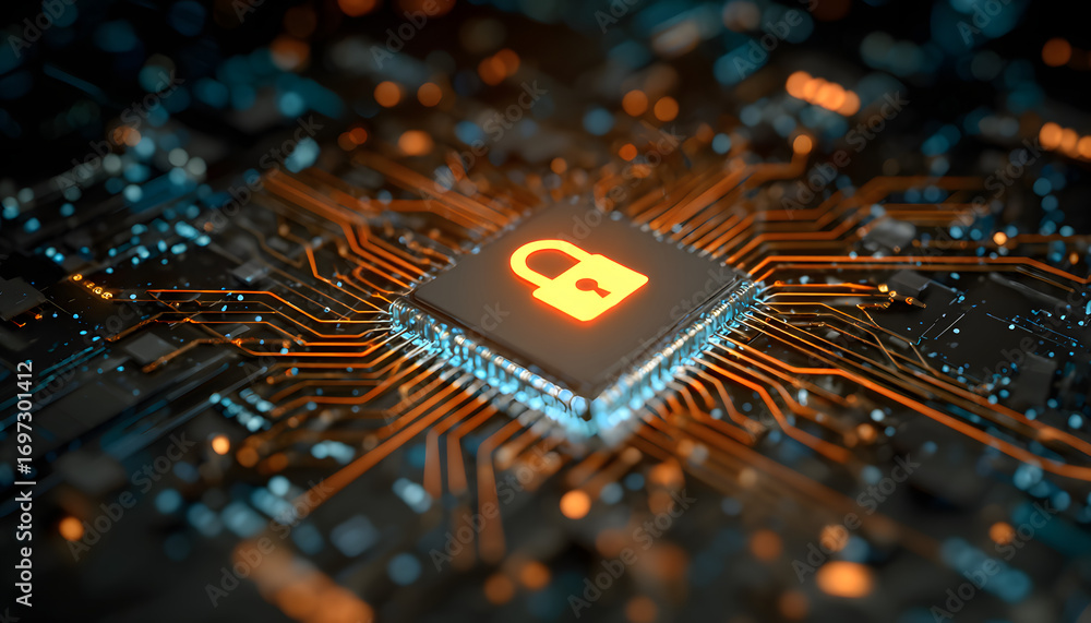 Aufkleber secure tech system safeguards data. futuristic circut board graphic shows secue system. ai protects 