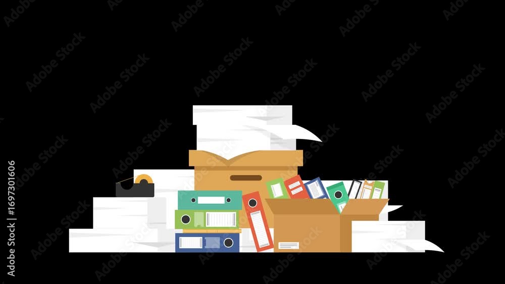 Poster a stack of document folders falling onto the floor, with background and transparent cartoon flat ani
