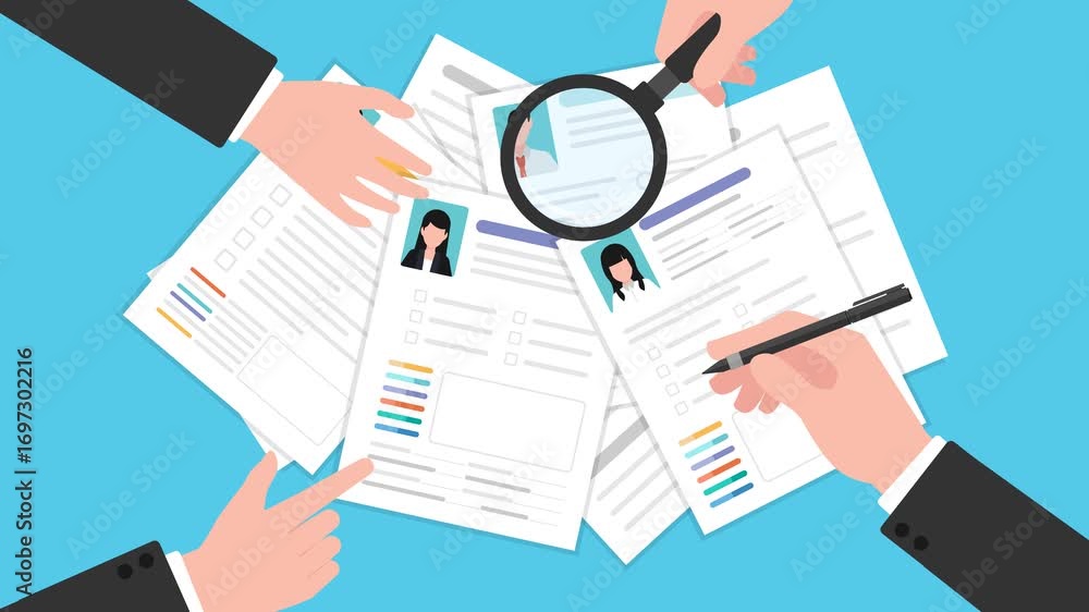 Poster multiple hands on a table reviewing a cv resume document, top-view 2d animated motion graphics.