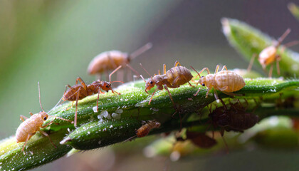 Fototapeta premium A macro view of several ants and aphids crawling on a green plant stem, illustrating a common symbiotic relationship and agricultural pest problem.