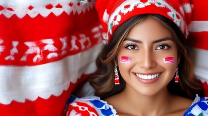 A woman with a joyful expression, adorned in traditional clothing and face paint, surrounded by vibrant textiles