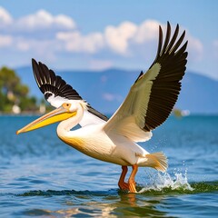 Pelican landing on water, wings outstretched