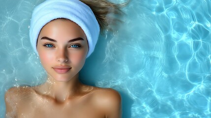 A woman with a white towel headband, lying in turquoise water, serene facial expression