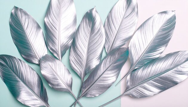 Silver Leaves on Teal and White Background