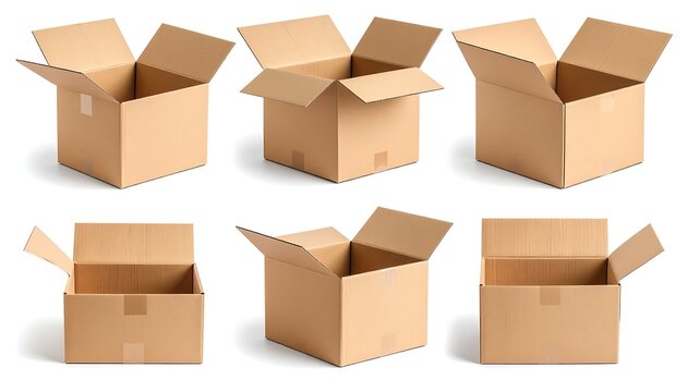 Cardboard boxes, various angles, open and closed