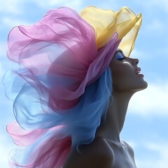 A woman with vibrant pastel-colored hair and scarves against a bright sky
