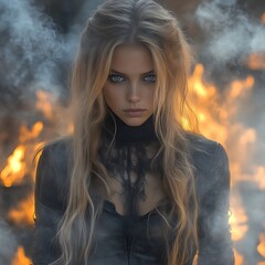 A woman with long blonde hair, intense gaze, and black attire,  set against a backdrop of fire and smoke