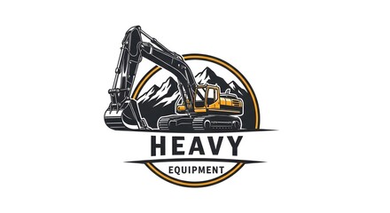 A dynamic logo featuring a large, heavy-duty excavator against a mountain backdrop, symbolizing strength and reliability. The bold "HEAVY EQUIPMENT" text emphasizes the company’s focus on industrial m