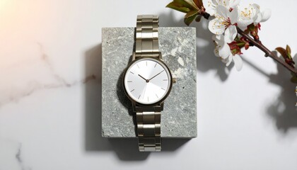 Silver Metal Wristwatch on Grey Stone Plinth with White Blossoms