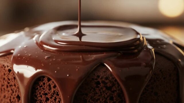 Decadent chocolate cake being drizzled with rich chocolate ganache, ideal for showcasing baking recipes, dessert presentations, and culinary delights