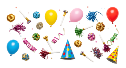 Festive Party Decorations Balloons Confetti and Party Favors on White.