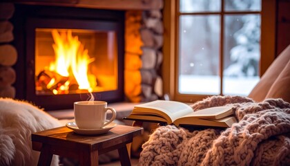 Peaceful Winter Afternoon: Fireplace Glow and a Good Book