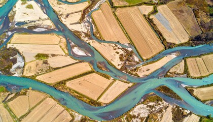 Aerial View of Braided River and Tan Fields