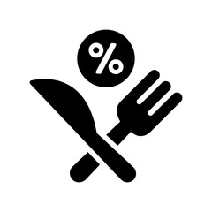 Solid icon of crossed knife and fork with percentage symbol, symbolizing restaurant discount, meal deal, special offer, and promotion
