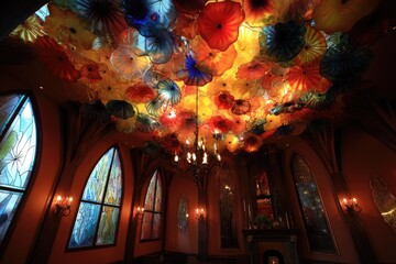 Colorful stained glass flowers adorn a chapel ceiling