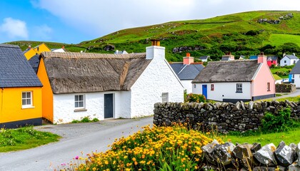 Colorful coastal village with thatched roofs