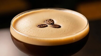 Exquisite espresso martini cocktail with coffee bean garnish, perfect for bar menus, drink promotions, or showcasing beverage photography