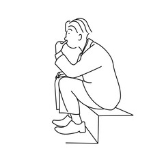 スーツ姿で椅子に座り考え込む男性をシンプルな線画で描いたベクターイラスト｜ビジネスシーンでの思考や判断を表現したモノクロ人物素材