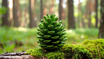 Green pine cone on mossy log in forest
