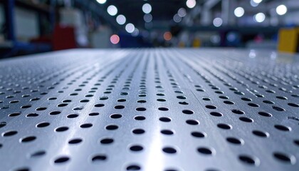 Silver Perforated Steel Sheet with Circular Pattern and Bokeh Background