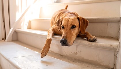 A light brown dog rests on a white staircase