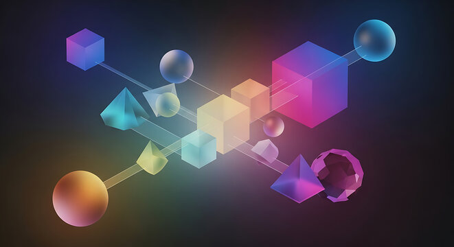 Colorful geometric shapes connected by lines floating in a dark space with a gradient background