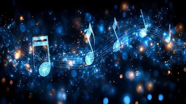 Vibrant musical notes floating through a cosmic blue background filled with sparkling lights