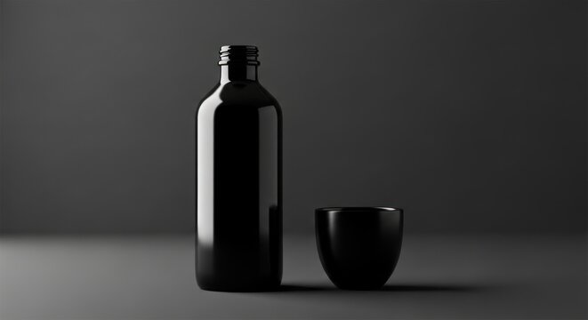 An elegant red wine bottle with a blank label and a full glass on a reflective white surface