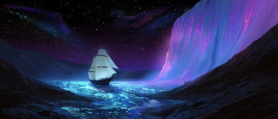 A surreal scene featuring a ship sailing through a luminous waterway, surrounded by a vibrant, glowing waterfall and a starry night sky.