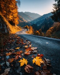 Leaf Peeping & Scenic Drives, winding mountain road lined with vibrant autumn foliage, golden hour rural landscape showcasing seasonal escape, climate-resilient infrastructure, capturing autumnal