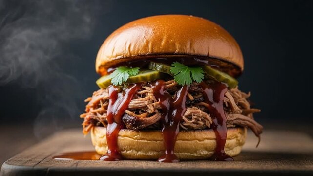 Delicious pulled pork sandwich with barbecue sauce and pickles on a wooden board for culinary blog, restaurant menu, and food photography