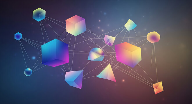 Colorful geometric shapes connected by lines floating in a gradient background space design