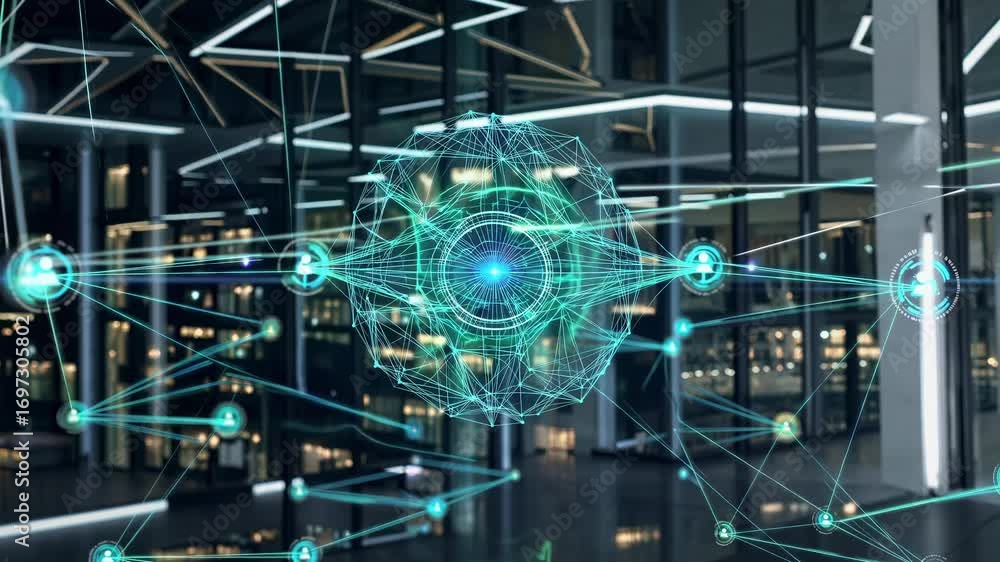 Poster futuristic digital network concept with glowing green nodes and lines. low-angle view in a modern bu