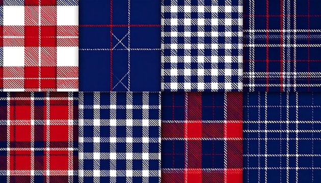 Nine plaid patterns in red, white, and navy