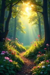 Serene nature scene depicting a sunlit forest clearing with vibrant flora, conveying a sense of tranquility and natural healing energy ,  balance,  forest,  renewal