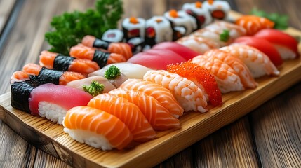 A wooden platter piled high with various sushi pieces.  Colorful salmon, tuna, and shrimp nigiri and maki are arranged side-by-side.  Fresh seafood and rice are visible, with decorative garnishes