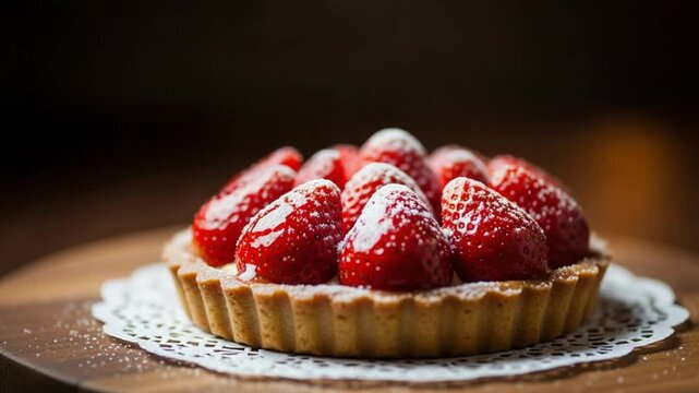Delicious strawberry tart with flaky crust and powdered sugar, perfect for food blogs, dessert menus, or culinary publications and recipe illustrations.