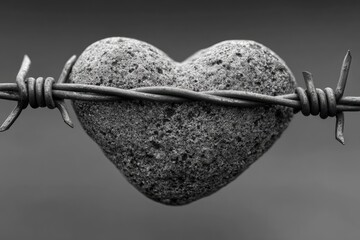 A gray stone heart, trapped by barbed wire