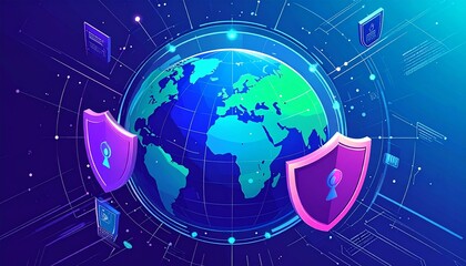 Obraz premium An isometric illustration of a global cybersecurity network with a central earth and two large, glowing shields on either side, representing worldwide data protection 