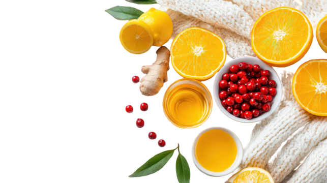 Citrus Fruits Ginger Honey and Cranberries on Black Background