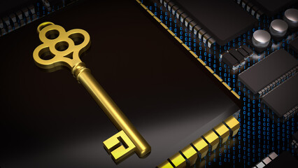The Key on PCB board for IT security concept 3d Rendering.