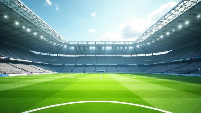 Empty soccer field. Green field of a new football stadium. Camera rising up. View from the center of the football pitch. Vertical