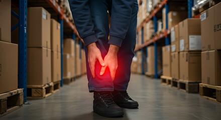 Warehouse worker with leg pain, red highlight indicating injury or strain. Workplace health and safety concept.