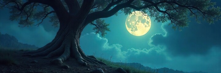 Serene moonlight filters through the branches of a majestic tree, casting an ethereal glow on the forest floor Perfect for fantasy, nature, and mystical themes , silver, canopy