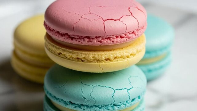 Stack of pastel colored macarons on marble surface. Ideal for showcasing confectionery, sweets, dessert photography, or baking-related projects and design
