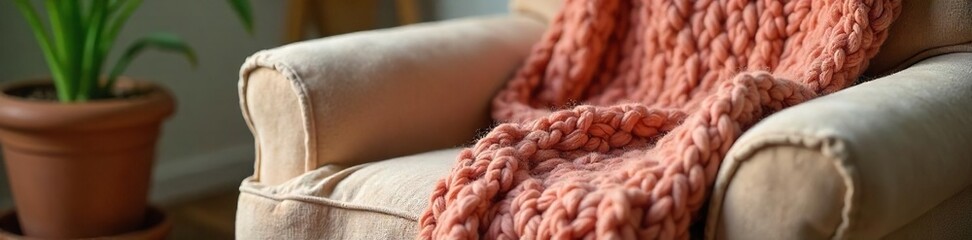Cozy and warm knitted blanket draped over a plush armchair, perfect for a restful nap Soft textures and inviting colors create a serene atmosphere of comfort and relaxation , home, autumn, colors