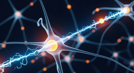 Obraz premium The Neuronal Network: A visually stunning illustration of neuron network, its intricate structure with the dynamic electrical activity between neurons.