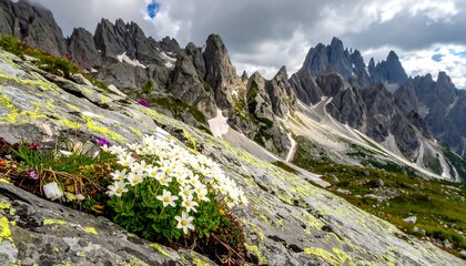 Mountain wildflowers in a rocky alpine landscape