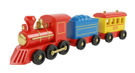 Bright red toy train with blue and yellow cars captivating children's imagination for playtime adventures and festive occasions transparent background